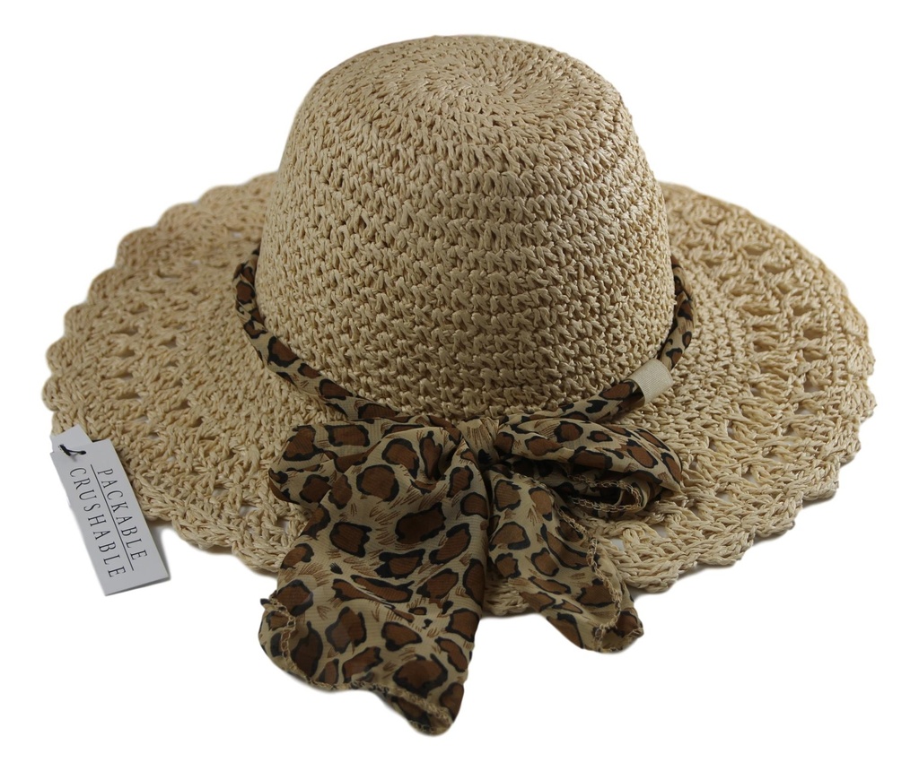 Knautschbarer breitkrempiger Damen-Strohhut Kopfbedeckung mit bedrucktem Band