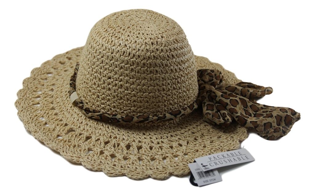 Knautschbarer breitkrempiger Damen-Strohhut Kopfbedeckung mit bedrucktem Band